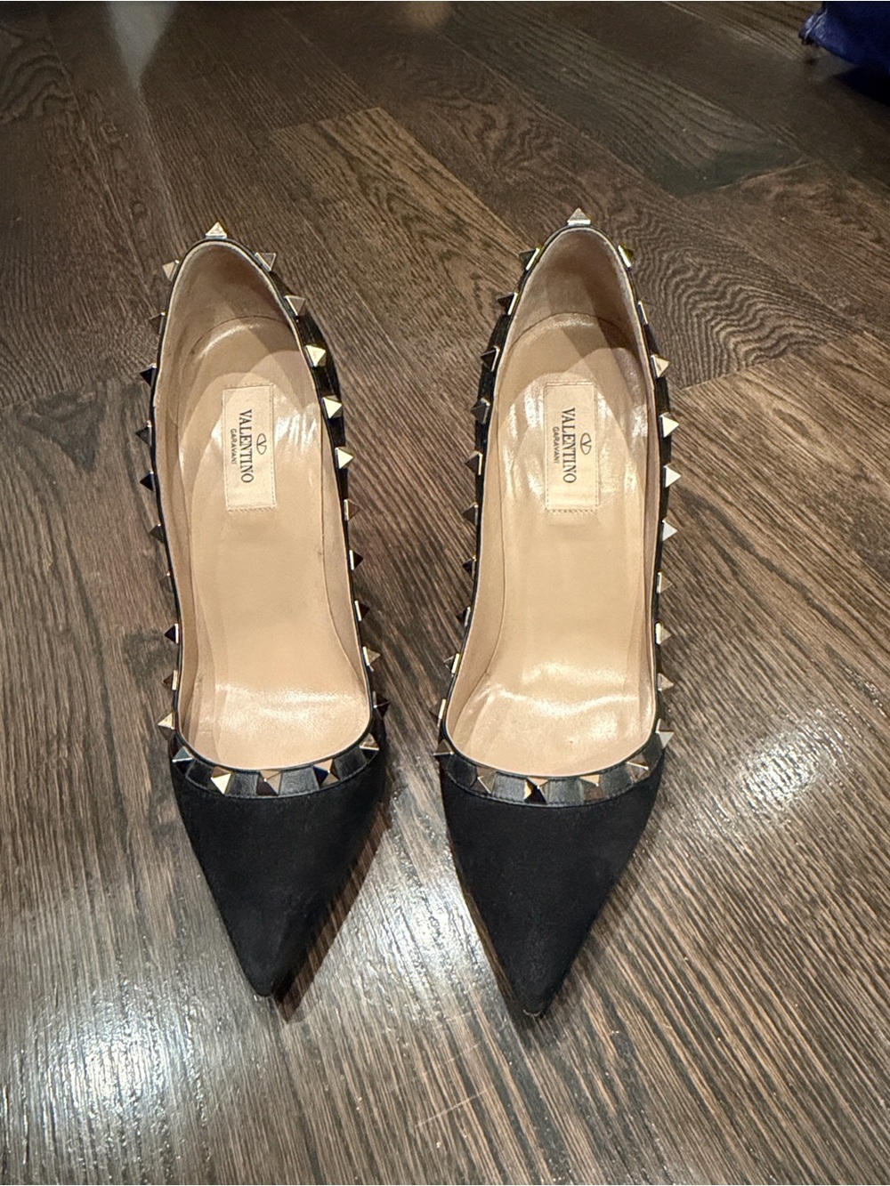 Valentino Garavani Black Suede Pointed Rockstud Pumps with Gold Accents